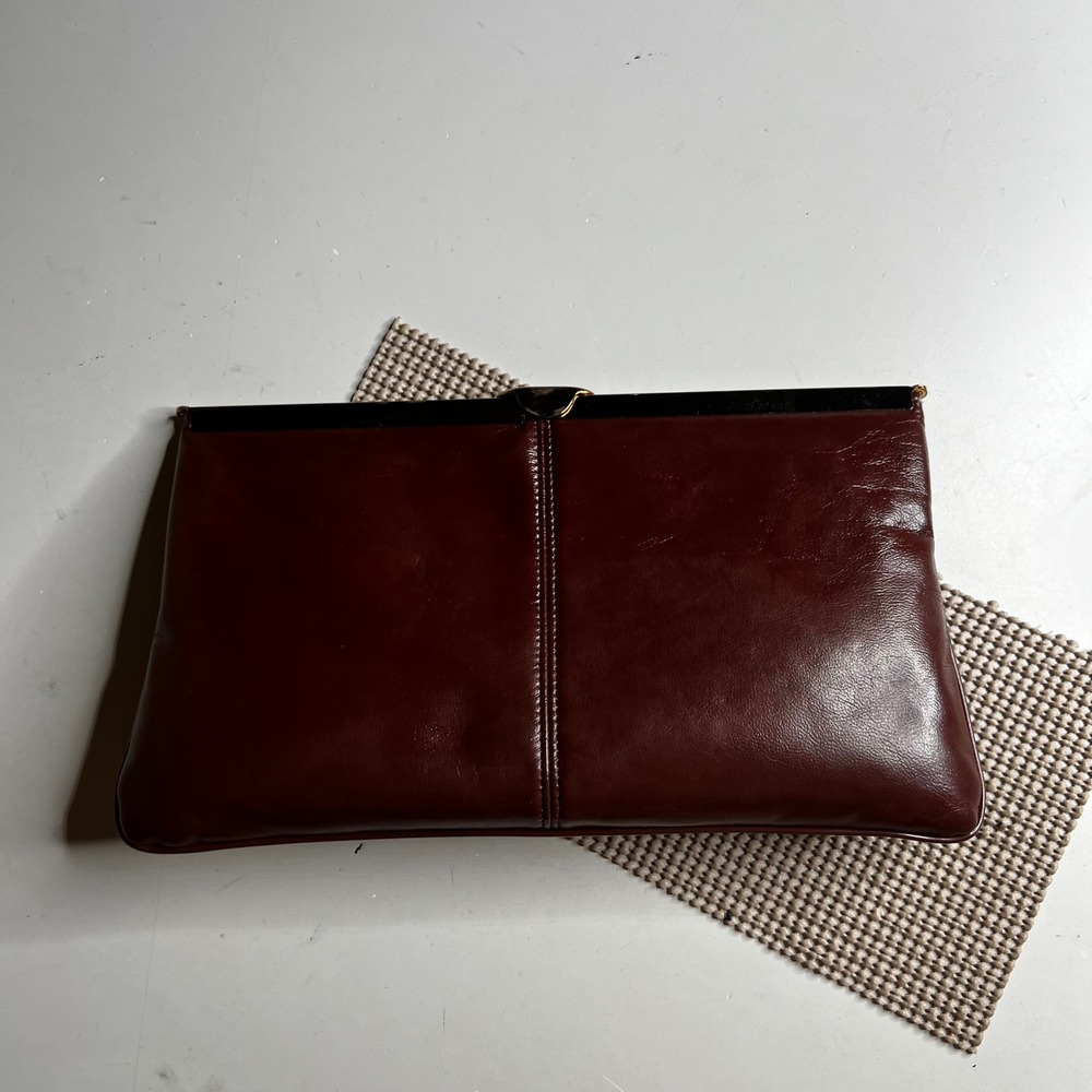 Vintage Burgundy Leather Clutch Bag Gold Chain Strap Oxblood Evening Purse 1970s